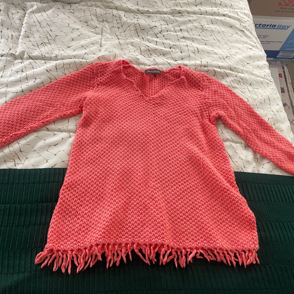 Tommy Bahama Coral V-Neck Sweater with Fringe